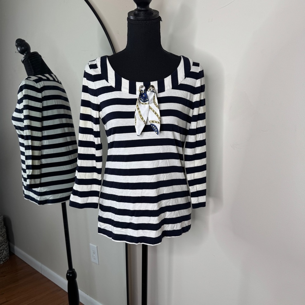Talbots Boatneck Nautical Scarf Striped Top Navy White Size S